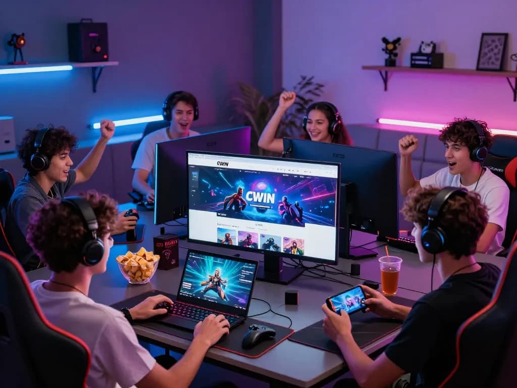 Engaged players in a vibrant gaming room exploring CWIN's online platform, showcasing excitement and social interaction.