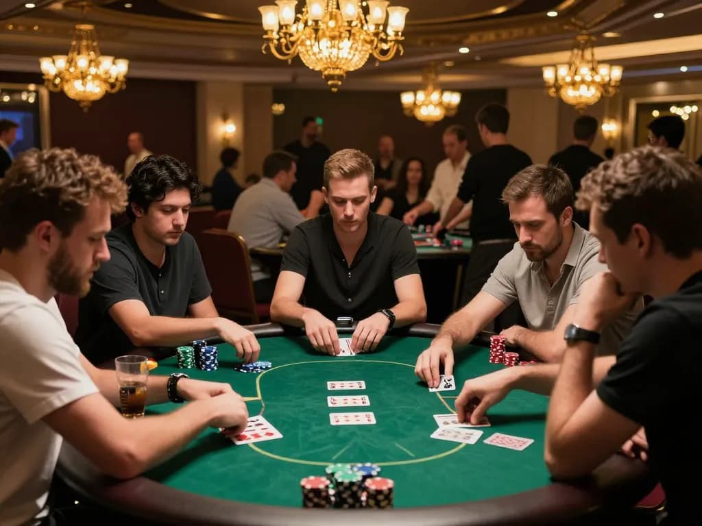 Engaging poker game at a lively casino, featuring ROKOK88 players deep in strategy.