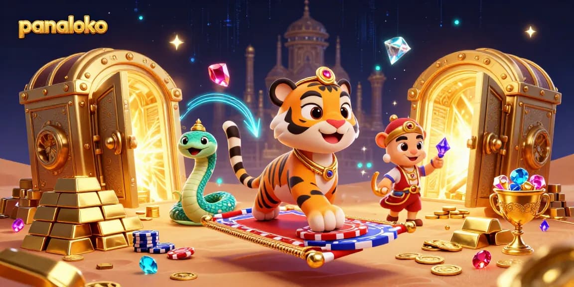 Panaloko brings excitement with a 3D tiger sultan on a magic carpet amidst treasure and casino elements.