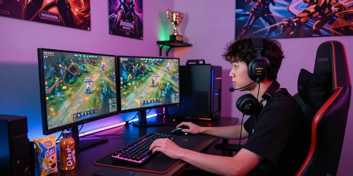 Competitive gaming setup with rokok88 logo, RGB keyboard, and intense player focus.