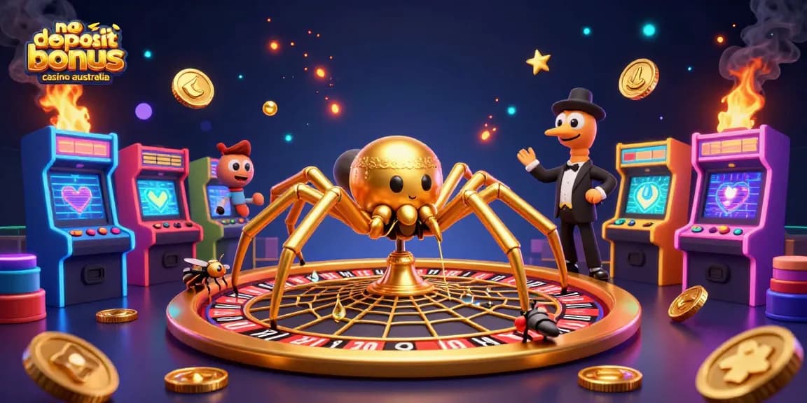 Engage with no deposit bonus casino australia featuring a golden spider and centipede croupier in a vivid 3D casino scene.