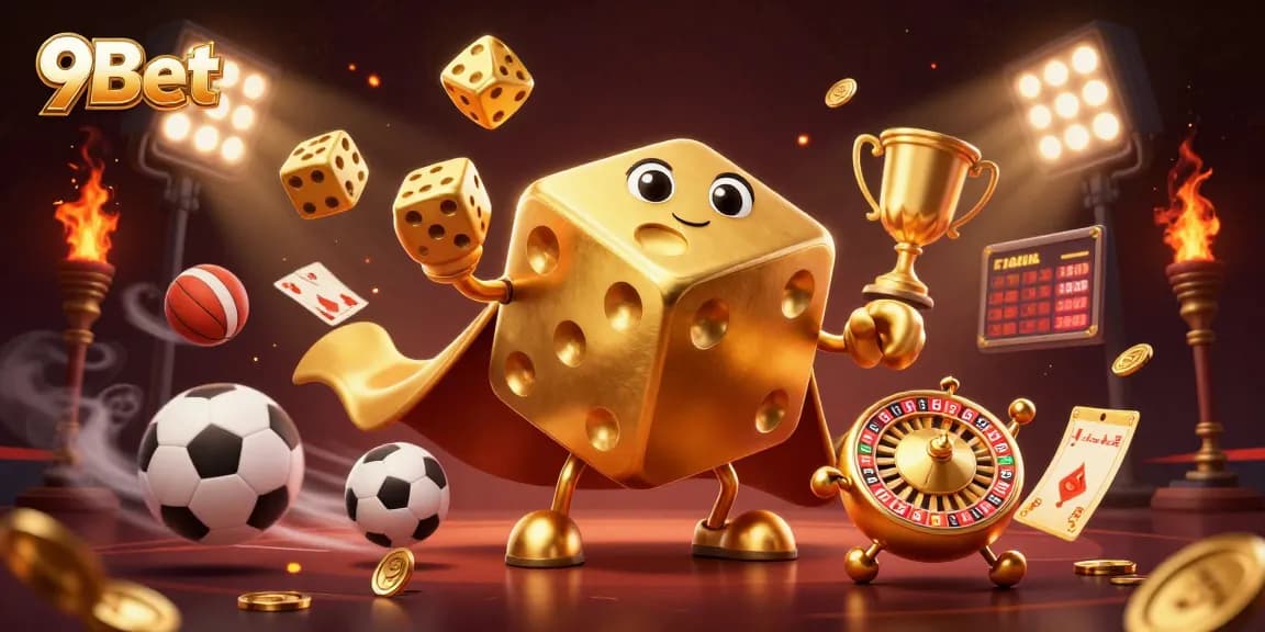 Engage with the vibrant 9Bet scene showcasing casino elements and sports dynamics in a colorful 3D illustration.