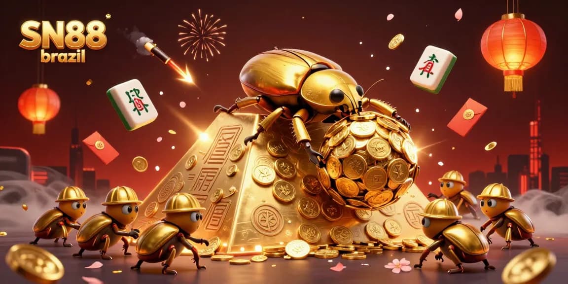 Engage in thrilling gameplay with SN88 brazil, featuring golden beetles, coins, and casino symbols.