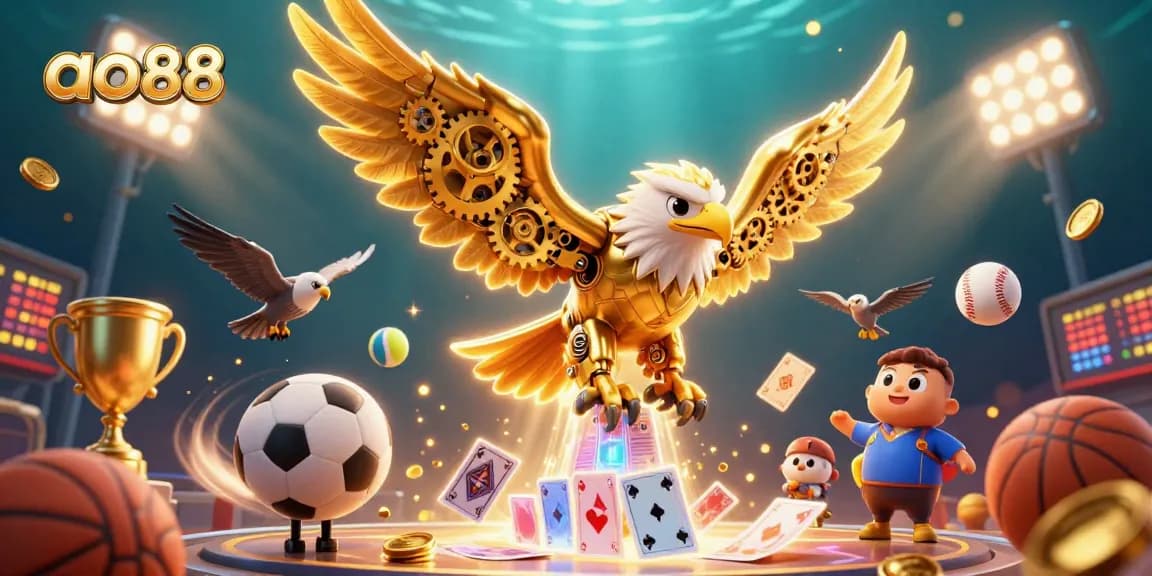 Experience the excitement of ao88 with a golden eagle soaring through vivid playing cards and dynamic sports elements.