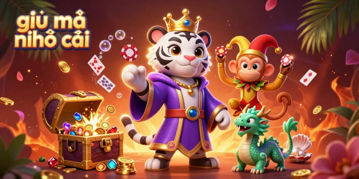 Engaging scene illustrating giải mã nhà cái with a cartoon white tiger, juggling monkey, and jade dragon in a vibrant casino atmosphere.