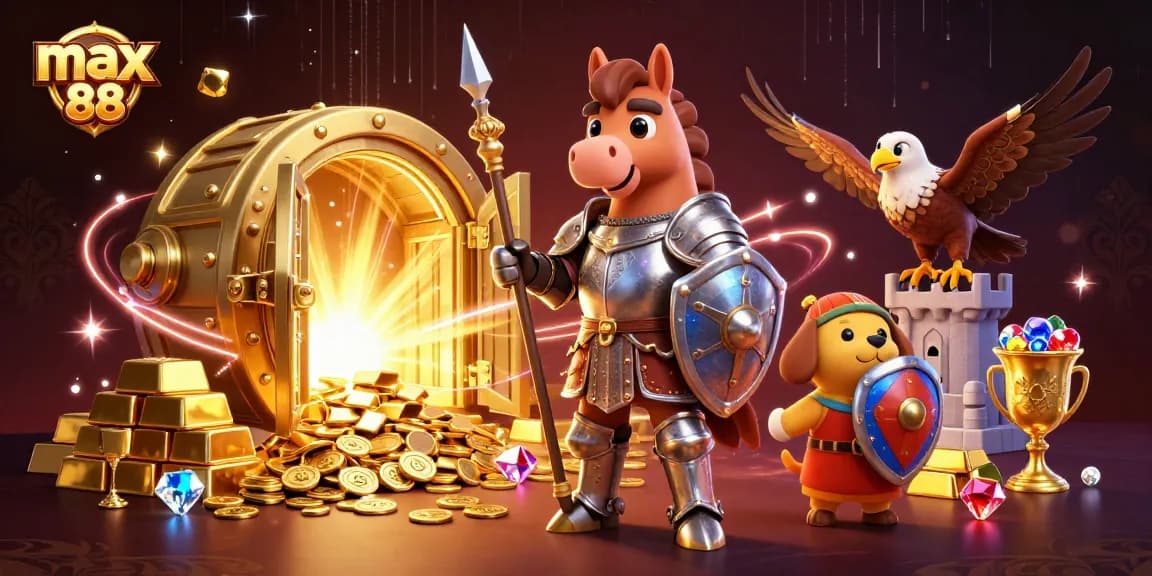 Experience thrilling wins at max 88 with knights and treasures in a vibrant casino scene.