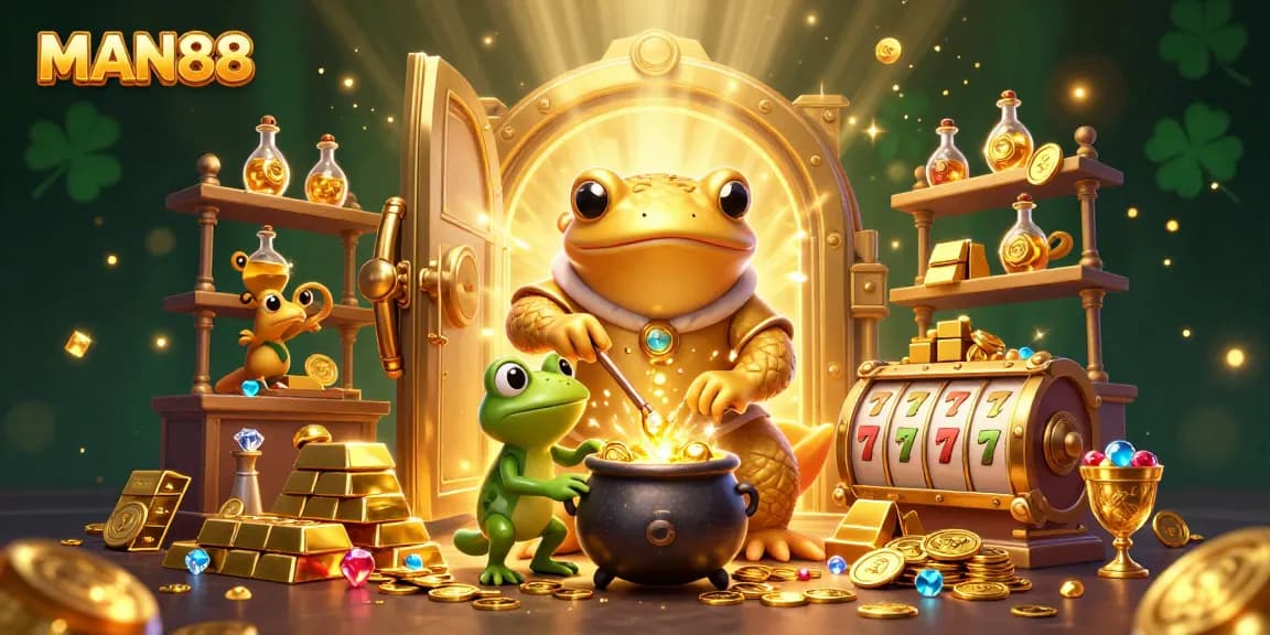 Experience the enchantment of MAN88 with cartoon characters creating gold coins amid dynamic casino elements.