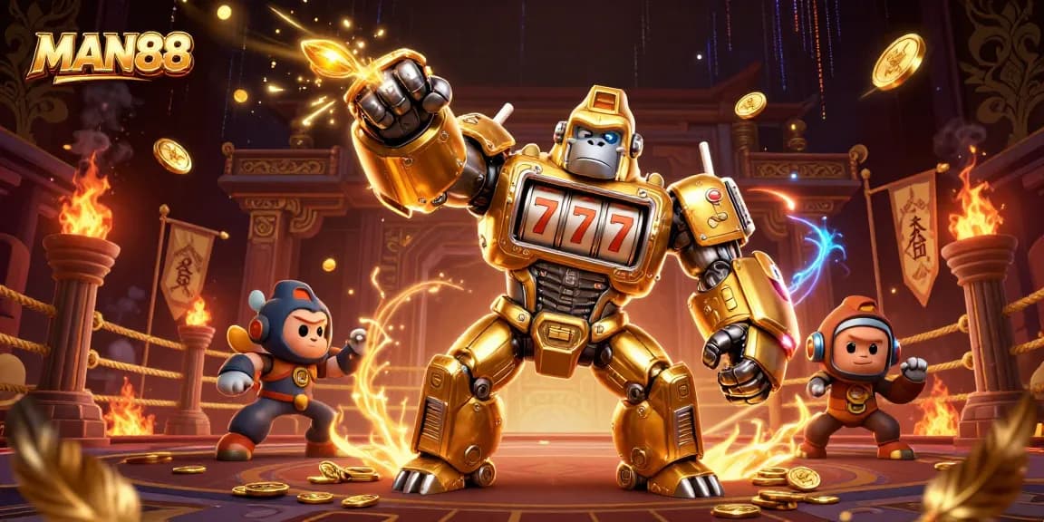Engage in thrilling slot adventures with MAN88's golden gorilla mech, showcasing spinning reels and explosive wins.