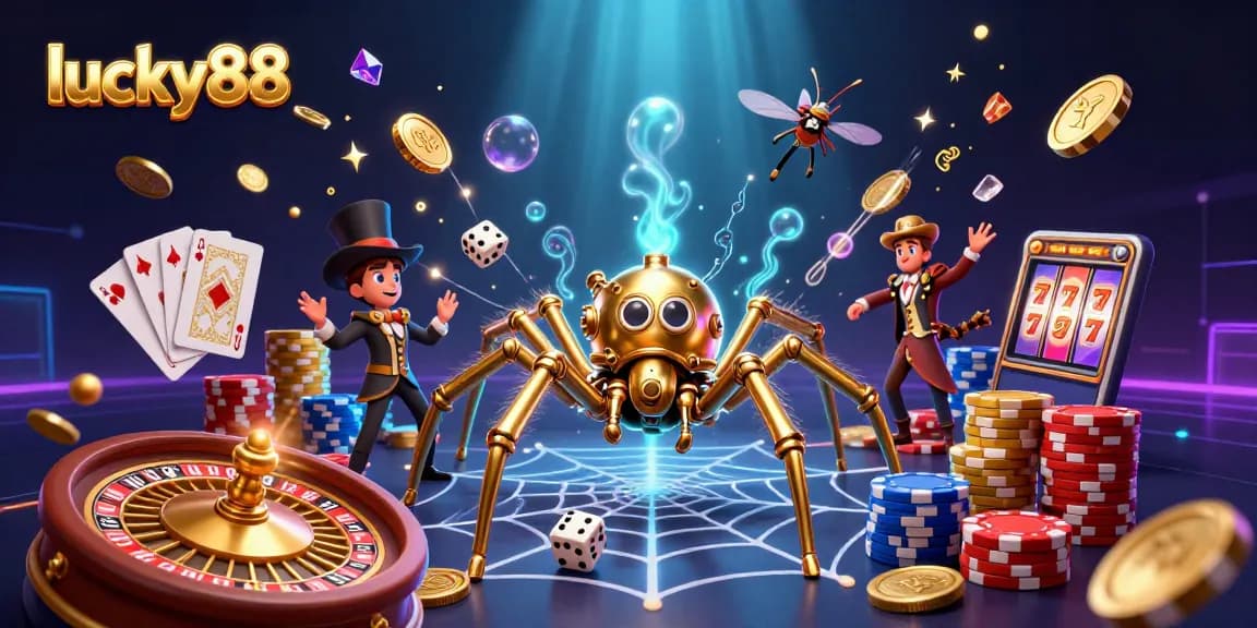 Engage in evolving luck at lucky88's 3D casino with a steampunk spider and vibrant gaming scene.