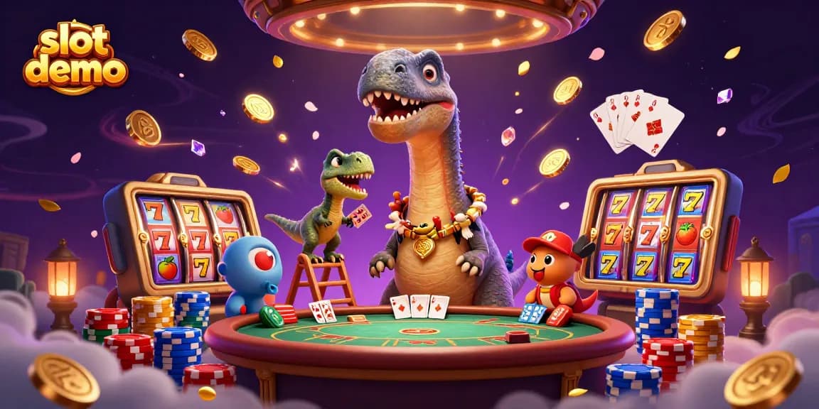 Slot demo memperlihatkan brontosaurus raksasa di kasino dengan koin emas dan simbol keberuntungan.