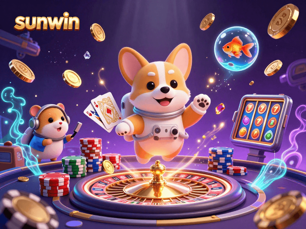 Engage with sunwin's dynamic casino atmosphere featuring an astronaut corgi and a galaxy of gaming elements.
