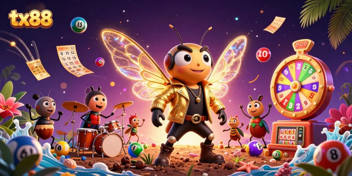 Experience thrilling gameplay with tx88's vibrant lottery scene featuring animated characters and gambling elements.