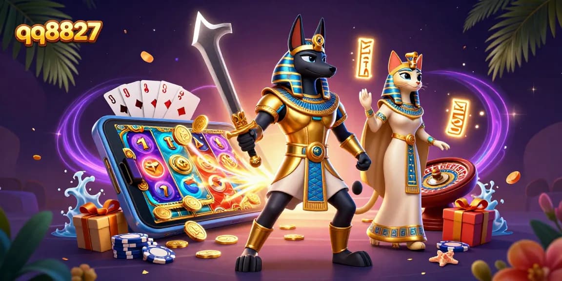 Experience exciting gaming action with qq8827 featuring Anubis and Bastet amidst vibrant slot game elements.