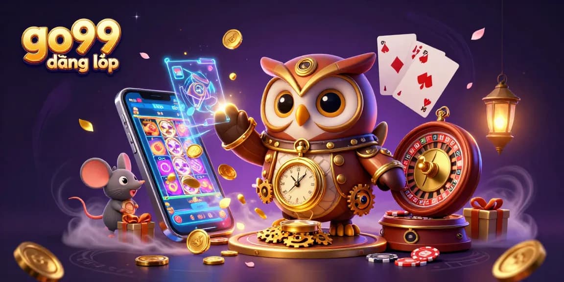 Playing slots and winning with go99 đăng nhập in a vibrant casino-themed illustration.
