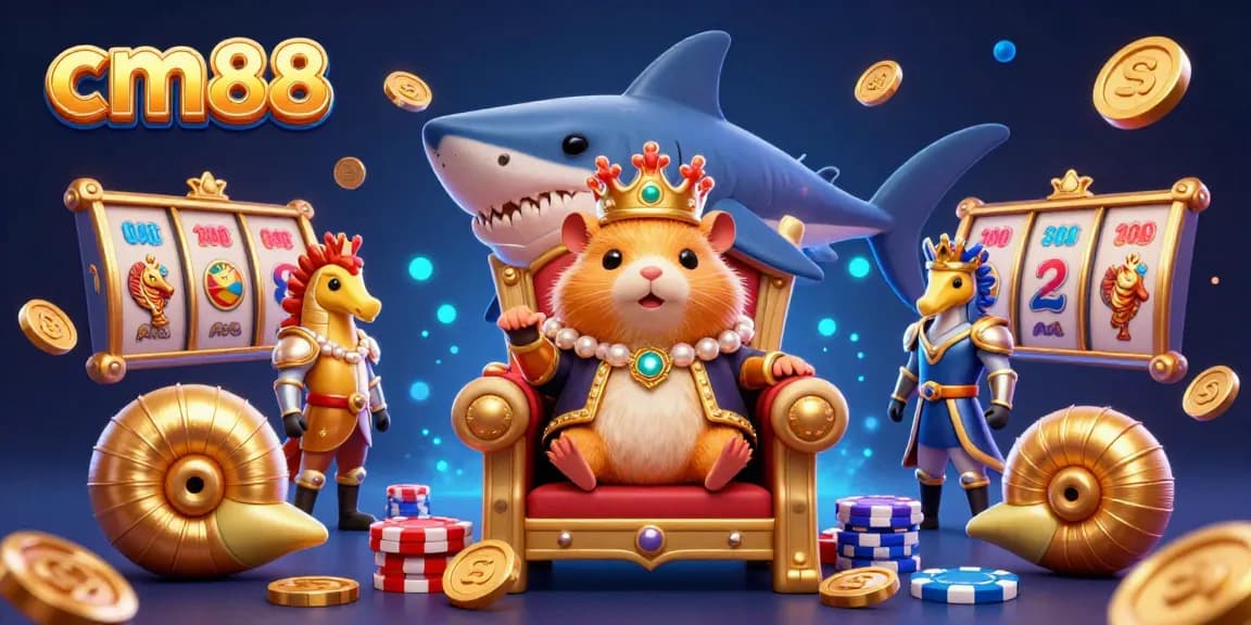 Experience the thrill of cm88 with a vibrant 3D casino scene featuring treasures, gaming elements, and a majestic hamster king.