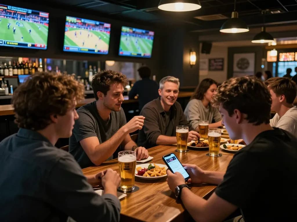 Analyzing tỷ lệ kèo while watching live sports betting on smartphone in lively bar atmosphere