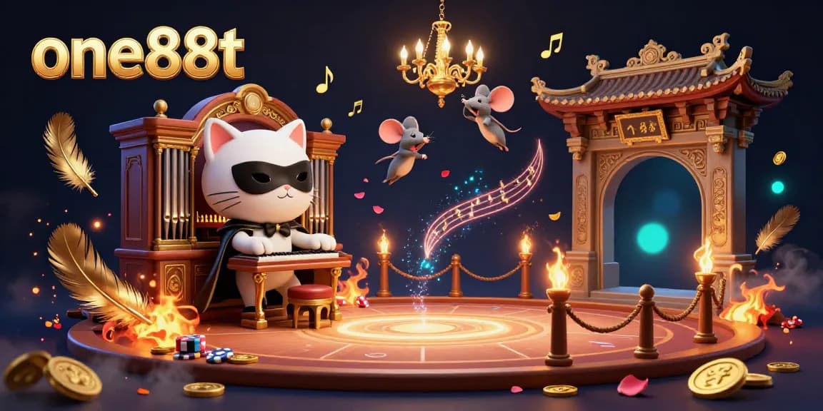 Experience excitement at one88t casino with a captivating scene featuring a phantom cat and acrobat amidst golden casino elements.