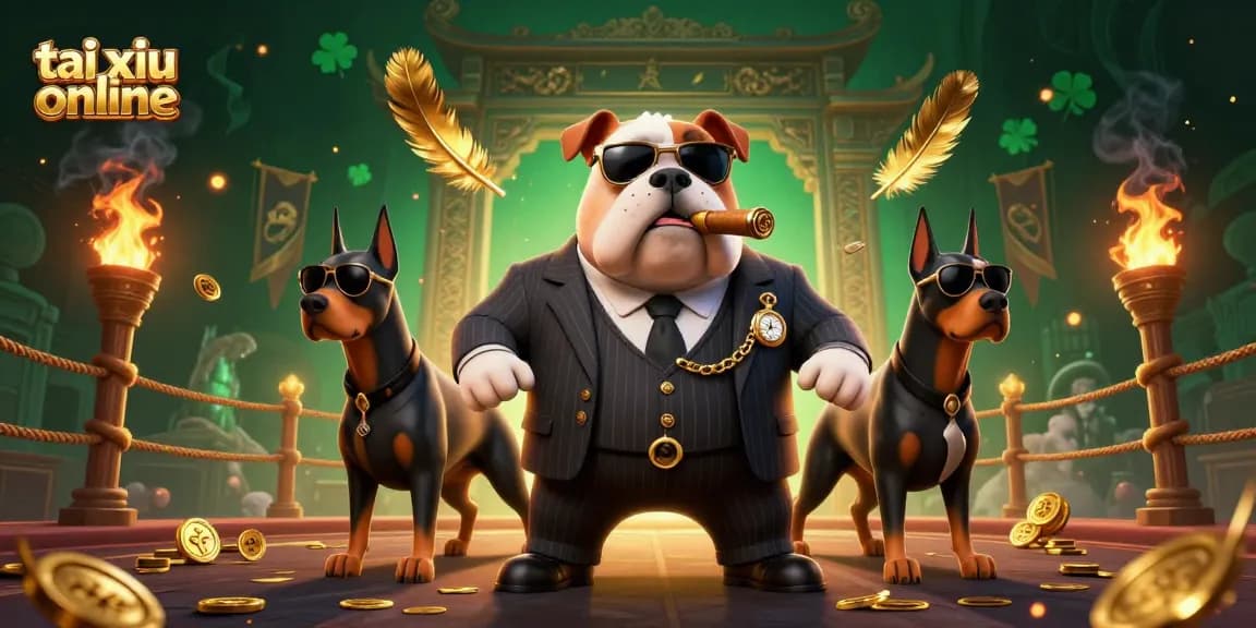 Tai xiu online showcased in a vivid 3D scene of a bulldog mafia boss and his Doberman bodyguards amidst golden casino elements.