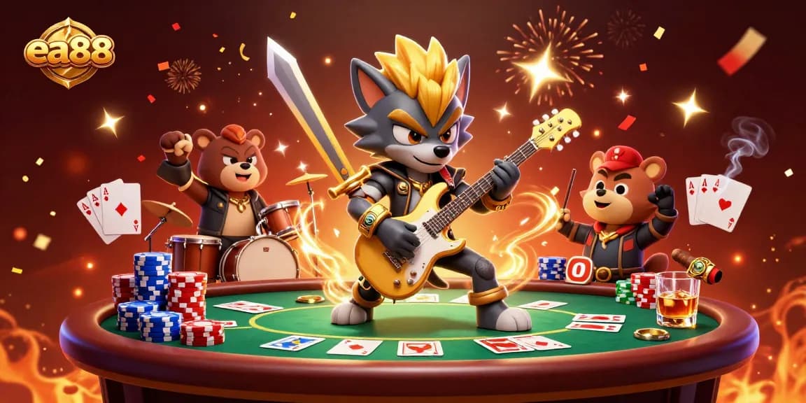 ea88 engages players with a vibrant, dynamic poker scene featuring a rock star wolf and drummer bear.