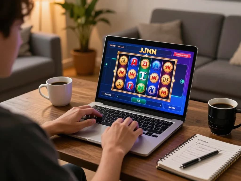 Engaging player enjoying JJNN slots on a laptop at home with colorful visuals and strategy notes.