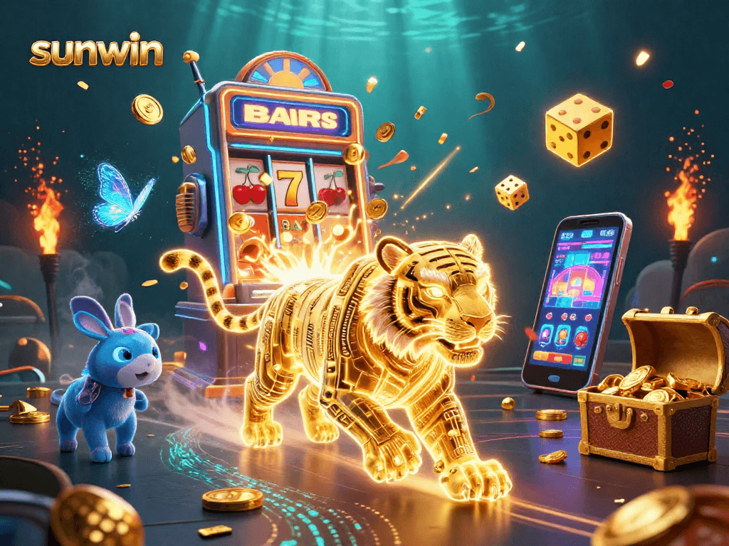 Experience vibrant action at sunwin with a neon tiger amidst exploding jackpots and casino thrills.