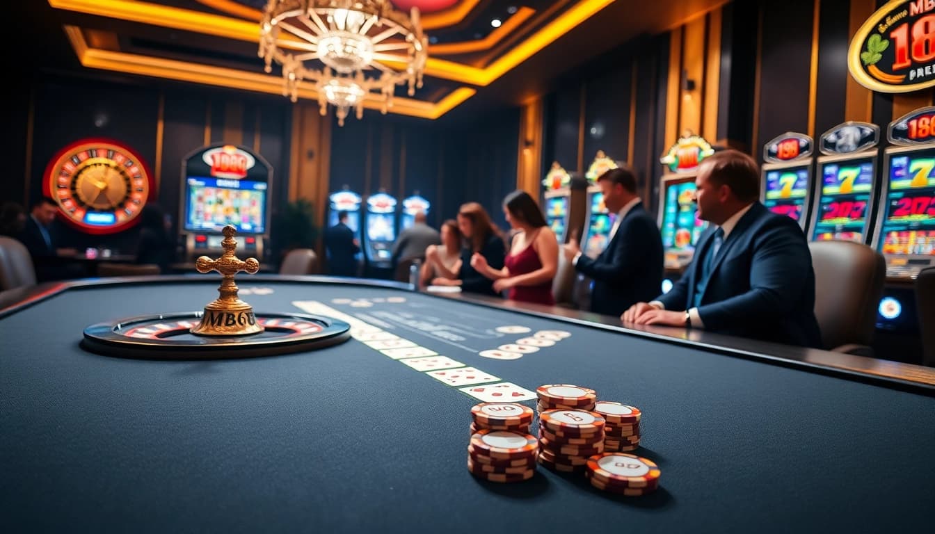 Experience the excitement of betting at MB66 with a vibrant casino scene featuring tables and slots.