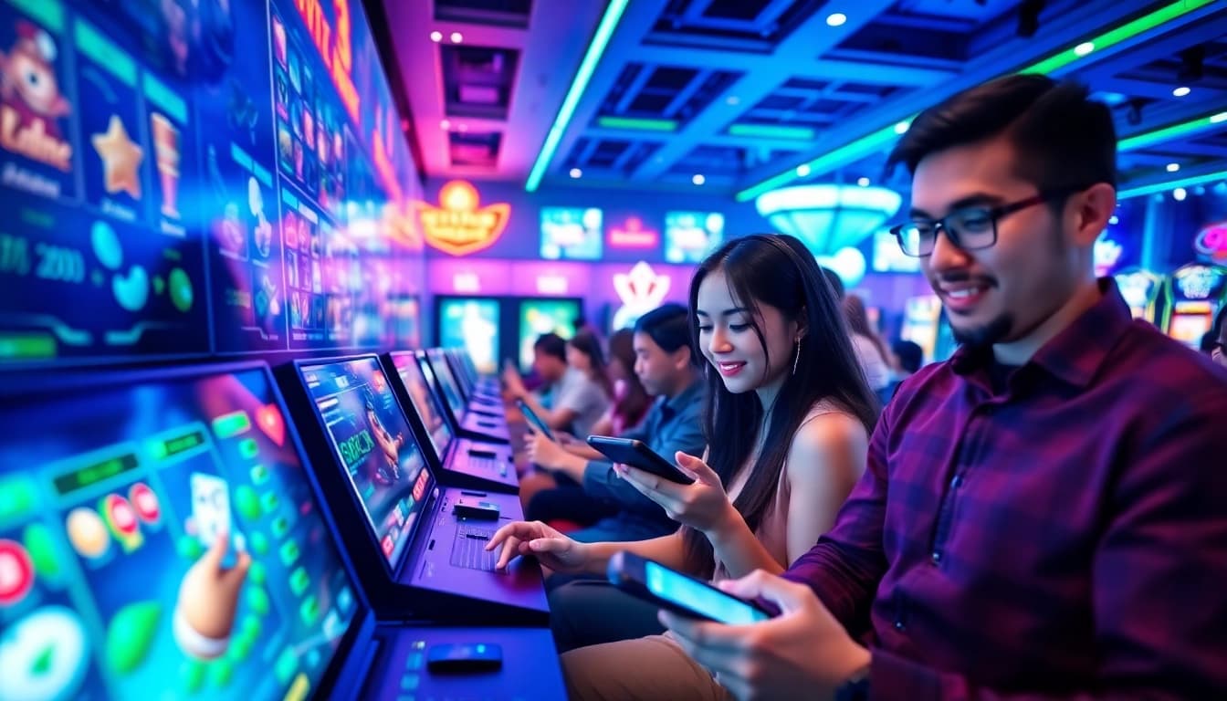 Dynamic online gaming experience at 98win, showcasing casino games and enthusiastic players.