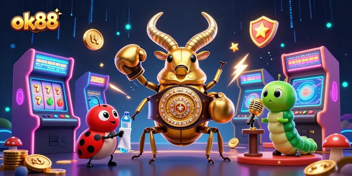 ok88 engaging with vibrant slot elements in a dynamic casino scene illustration.