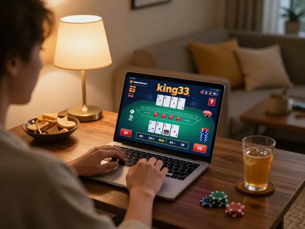 Engaged player exploring king33 online blackjack on laptop, cozy home gaming setup.