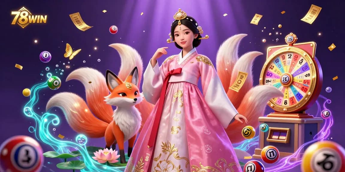 Engage in the excitement at 78WIN with a vibrant 3D casino scene filled with dynamic game elements and a lucky mascot.