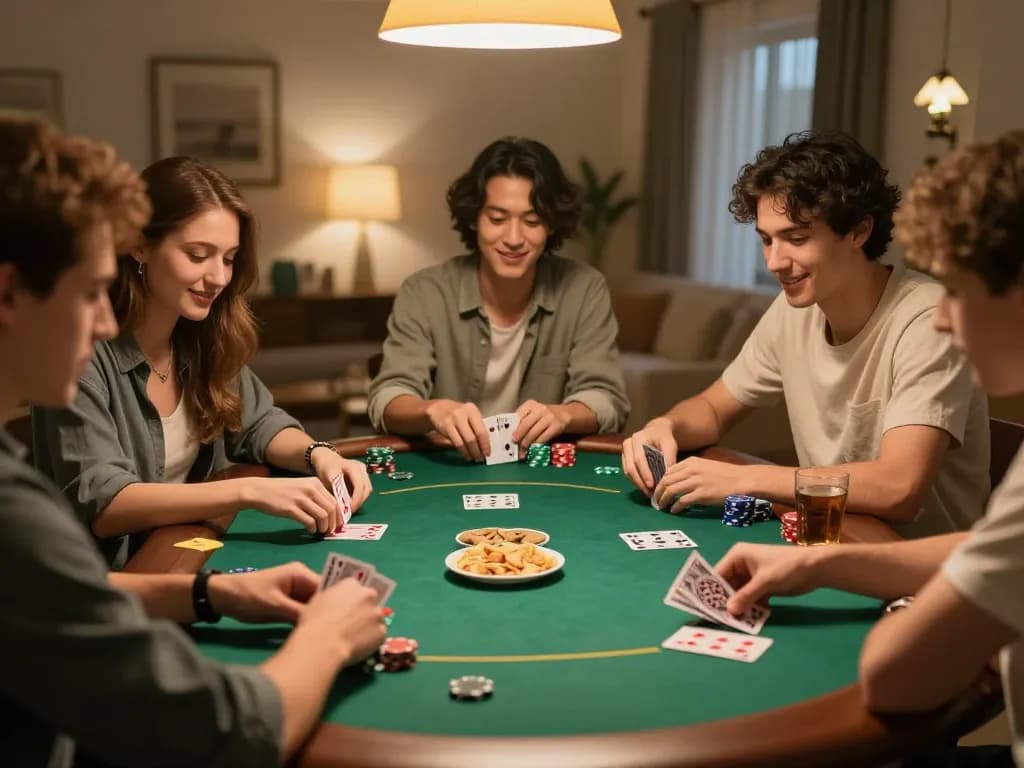 Players enjoying a poker night at home, strategizing their moves together at 789 club.
