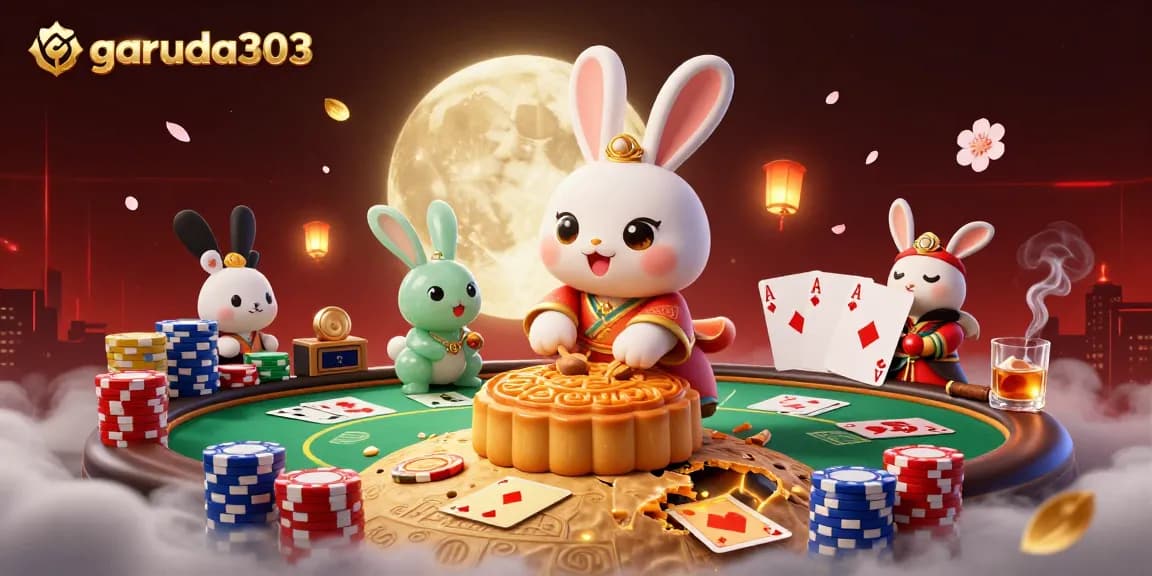 Engage with garuda303's exciting gaming scene featuring a moon rabbit at a dynamic poker table.