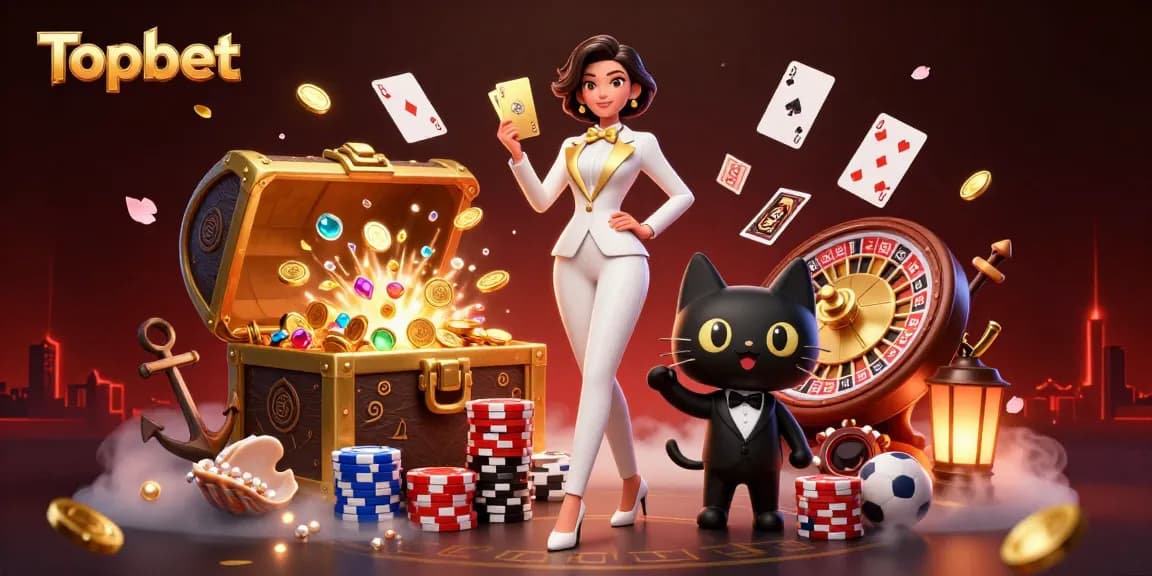 Topbet's glamorous woman shuffles cards beside a tuxedo cat, surrounded by casino treasures.