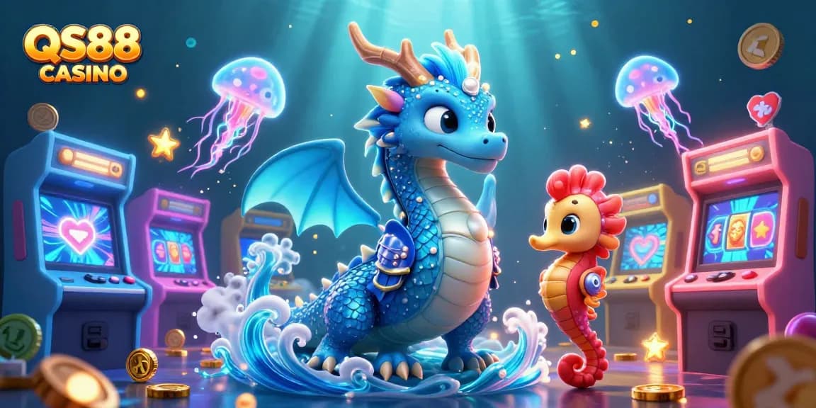Experience the thrilling games at QS88 CASINO with vibrant 3D dragon and arcade elements.