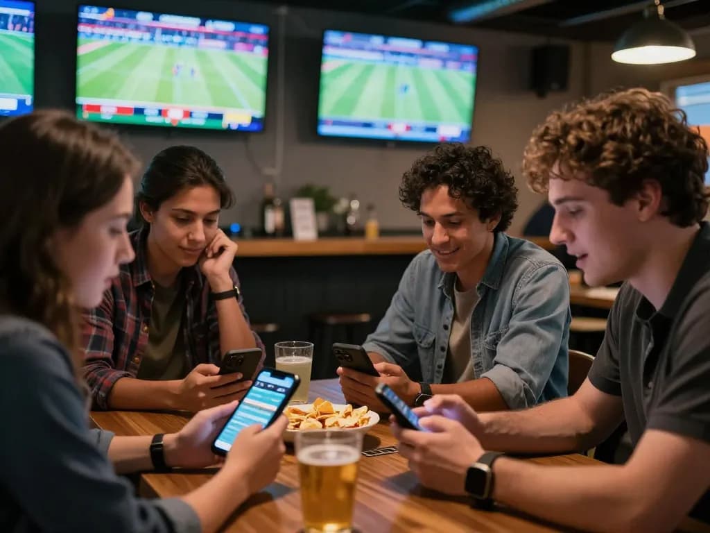 Friends enjoying sports betting together, checking odds on their phones at a Go8-themed venue.