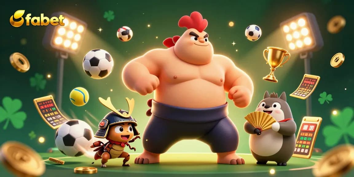 Fabet's vibrant 3D casino scene with sumo rooster, samurai cricket, and tanuki announcer showcasing dynamic sports elements.