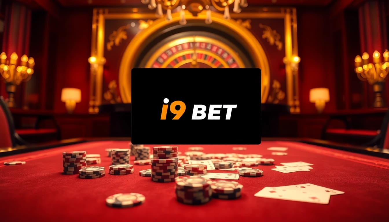 Experience high-stakes action with I9 BET poker chips and roulette wheel in an elegant casino setting.
