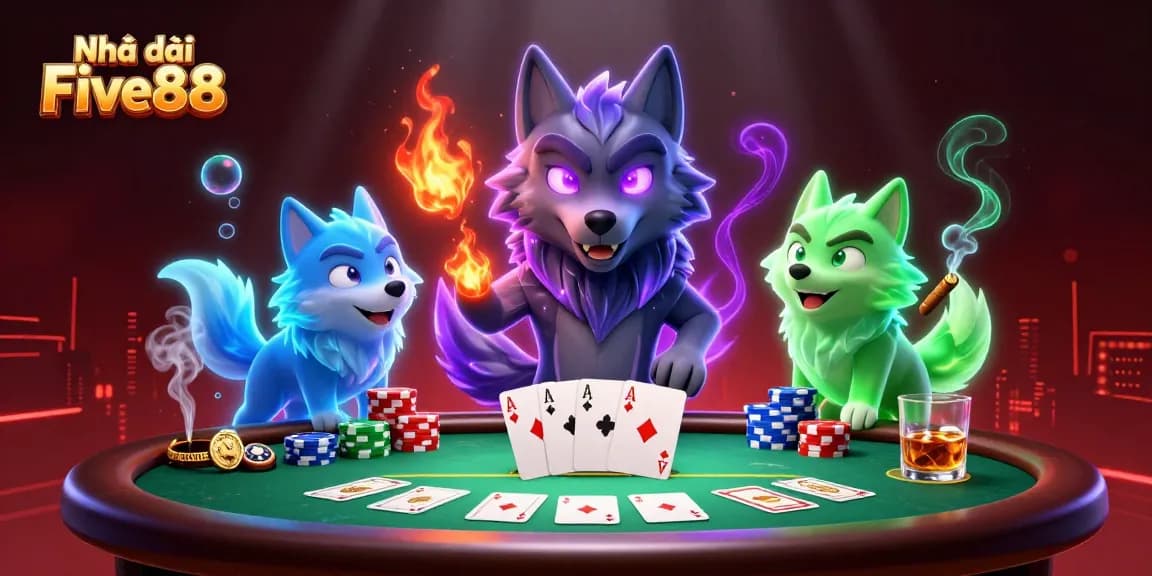 Experience immersive gaming at Nhà cái Five88 with a vibrant casino scene featuring energetic wolf characters, poker elements, and a dynamic atmosphere.