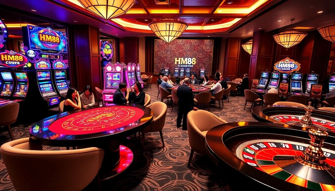 Enjoy a thrilling game at HM88 with vibrant slot machines and an elegant poker table.