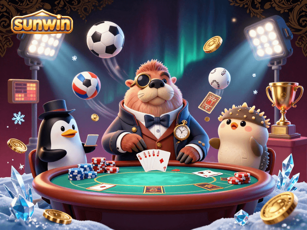 Sunwin's animated poker scene with a walrus, penguin dealer, and pufferfish bluffing.