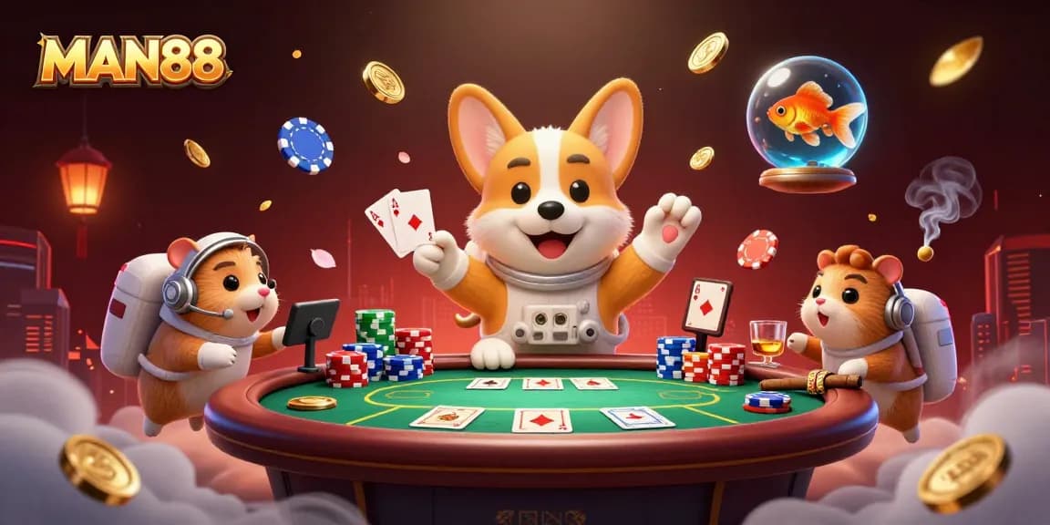 Experience thrilling moments at MAN88 with a playful corgi in a cosmic casino setting.