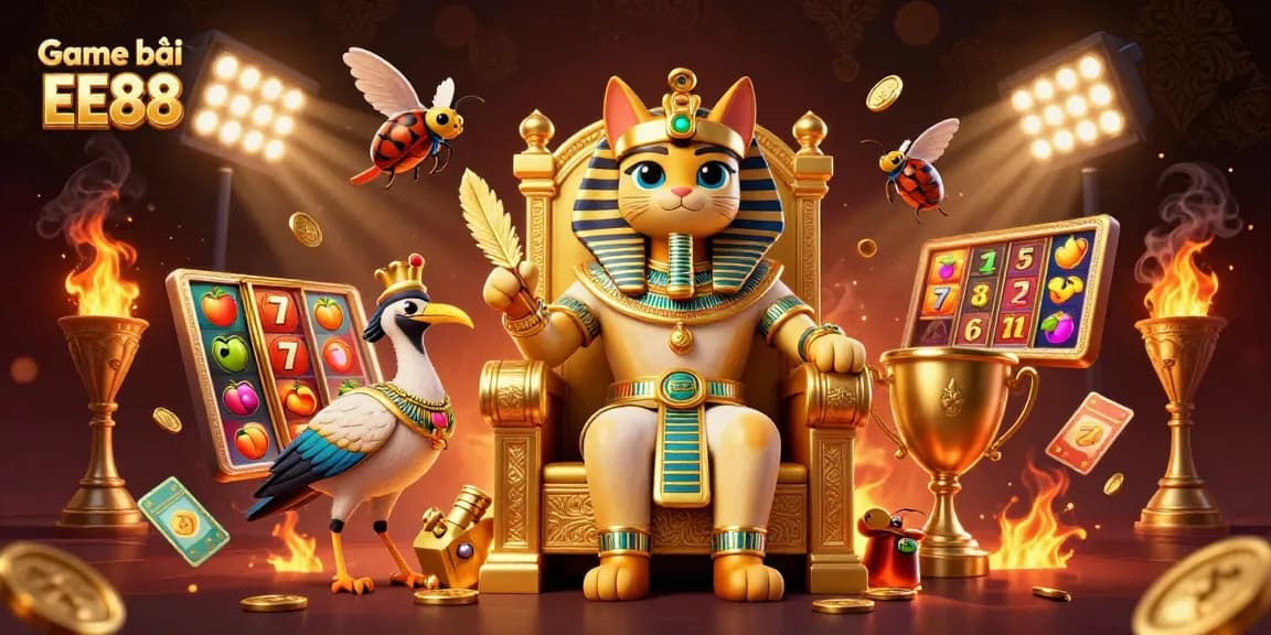 Engage in exciting Game bài EE88 with a vibrant 3D casino scene featuring dynamic slots, characters, and golden treasures.
