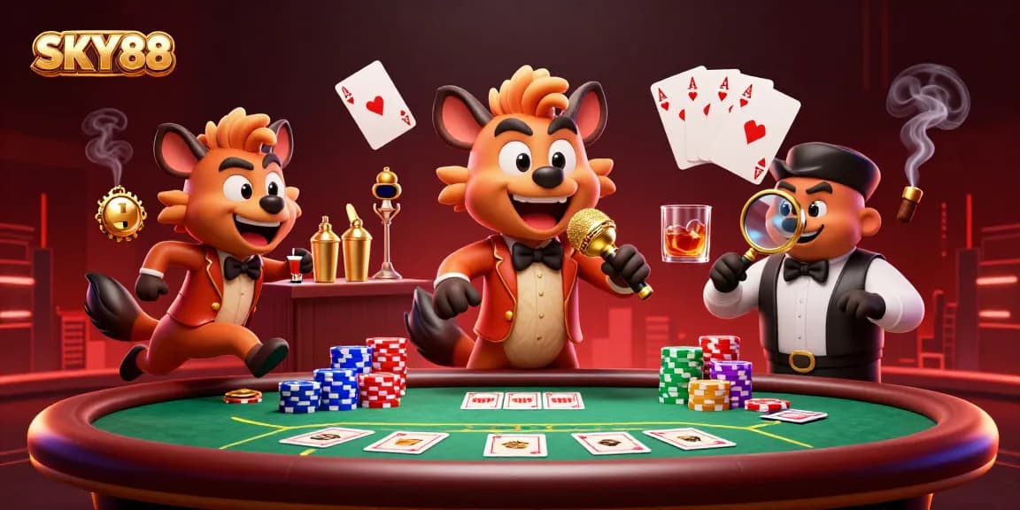 Engage in thrilling poker games at SKY88's vibrant casino club featuring playful hyenas.