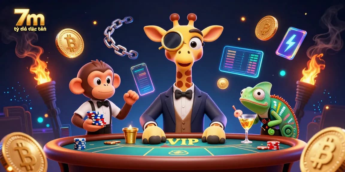 Betting on 7m tỷ lệ trực tuyến with a high-roller giraffe at a VIP poker table surrounded by crypto elements.