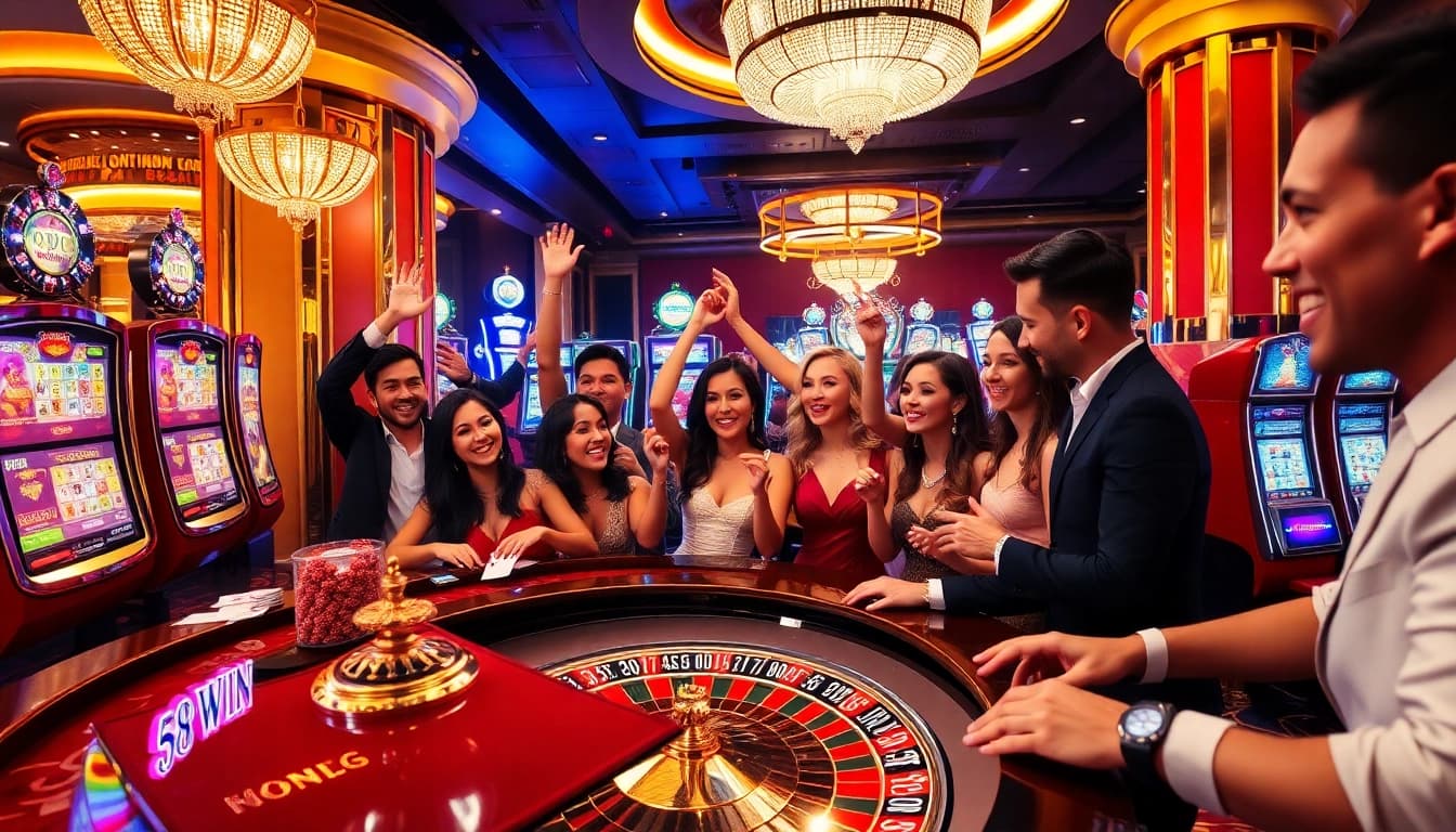 Excited gamblers experiencing the thrill of winning at 58 WIN casino, enjoying roulette and slots.