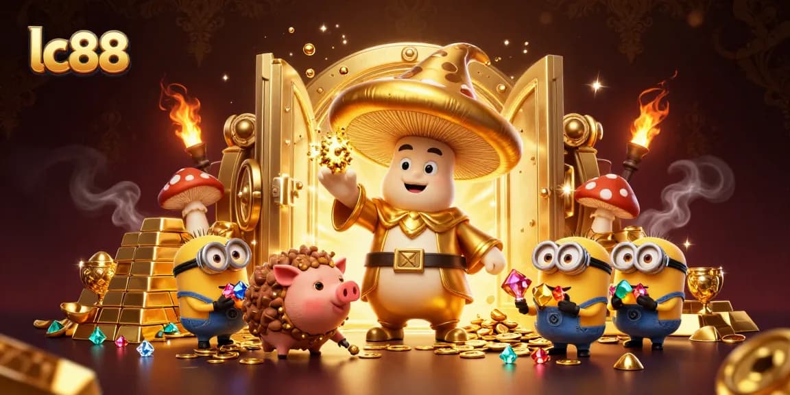Experience the magic of lc88 with a golden mushroom wizard and treasure in a vibrant casino scene.