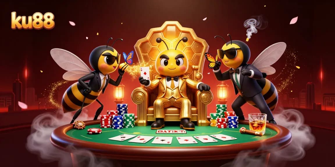Engage with ku88 in an animated poker showdown featuring a bumblebee mob boss and wasp bodyguards.