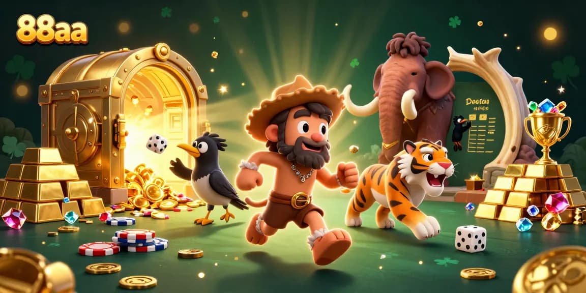 Experience excitement at 88aa with a dynamic prehistoric casino scene filled with treasures and gameplay.