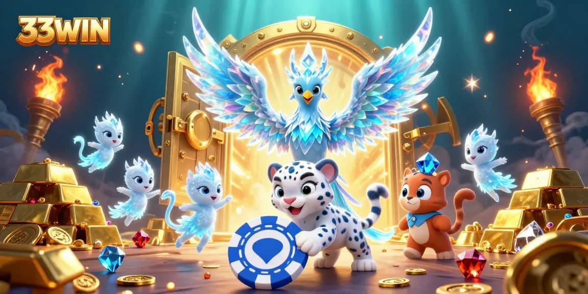 Join the excitement at 33WIN with vibrant slots and animated characters amidst treasures and casino elements.