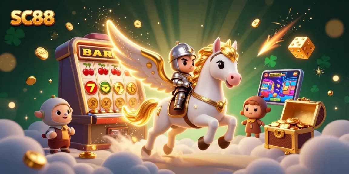 Experience the thrill of winning at SC88 with a celestial knight on a golden winged horse amid explosive casino games.